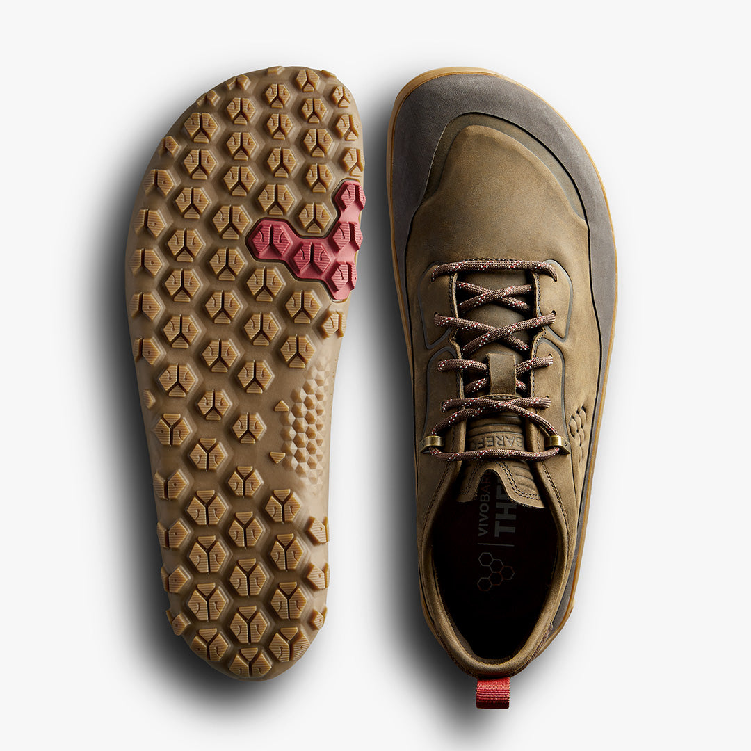 Vivobarefoot Tracker Leather AT Low braon pogled odozgo i pogled na donji deo djona