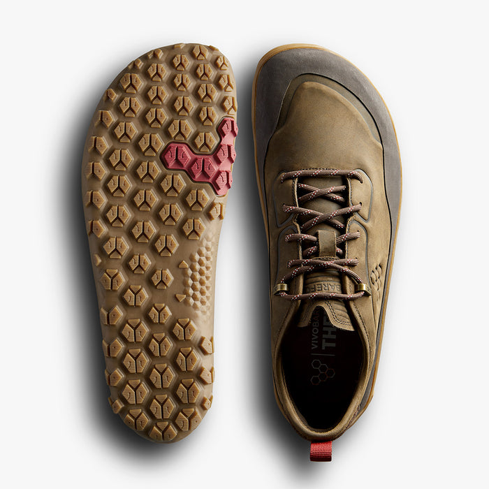 Vivobarefoot Tracker Leather AT Low braon pogled odozgo i pogled na donji deo djona