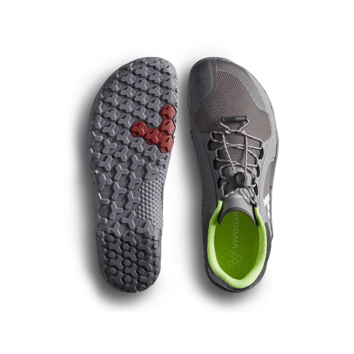 Vivobarefoot Primus Trail II FG pogled odozgo i pogled na djon sa crvenim detaljem