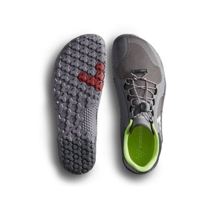 Vivobarefoot Primus Trail II FG pogled odozgo i pogled na djon sa crvenim detaljem