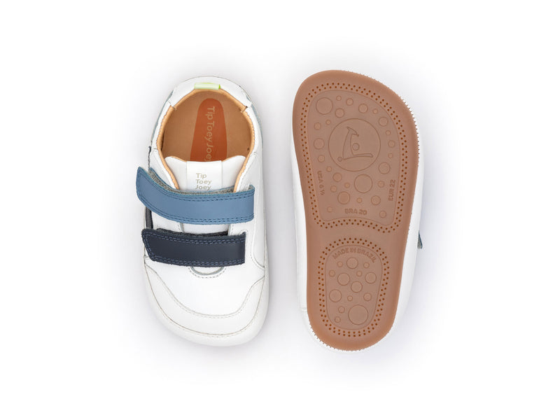 Barefoot patike Landy Belo Teget prikaz odozgo i djon na beloj pozadini